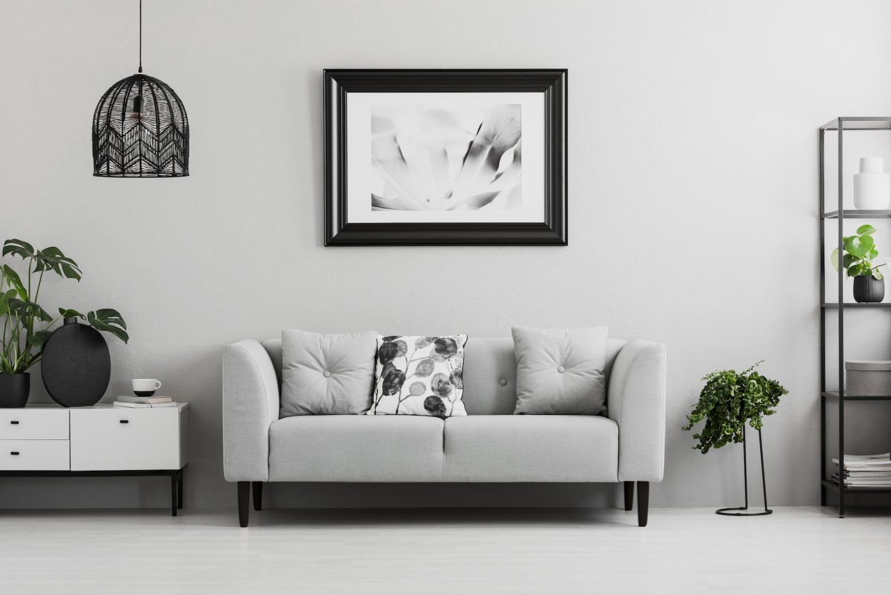 Black industrial bookcase and a plant stand next to an upholster.jpg